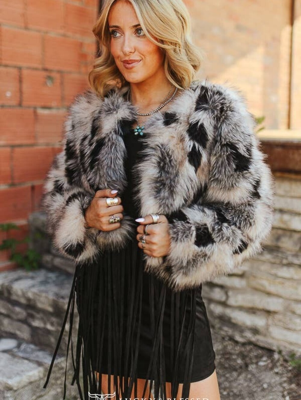 NEW Lucky & Blessed Taupe, Grey, And Black Faux Fur Statement Jacket - Picture 3 of 6